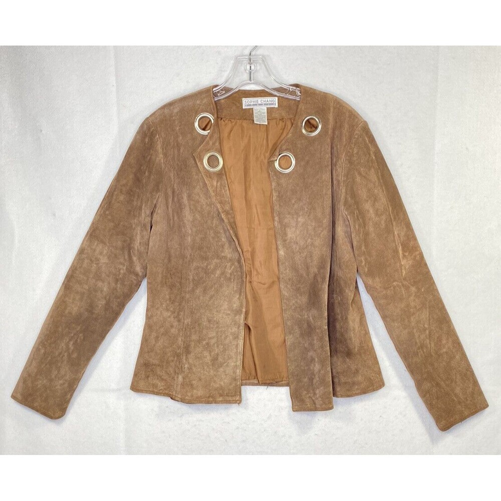 Sophie Chang Studio Suede Leather Brown Open Jacket Lined Size 10 Rivet Holes